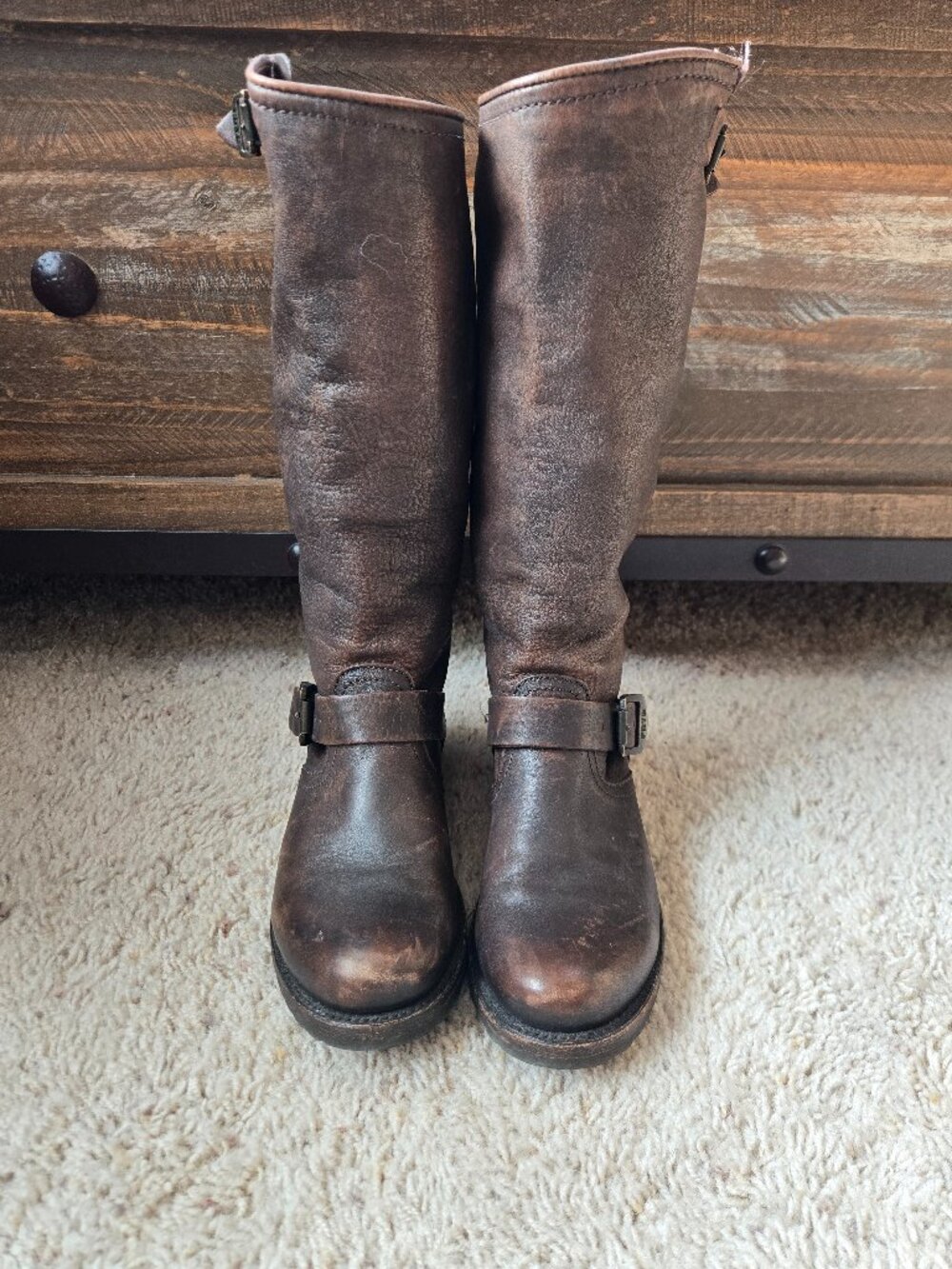 Frye Veronica Slouch Distressed Dark Brown Leather Boots Women's US Size 7B